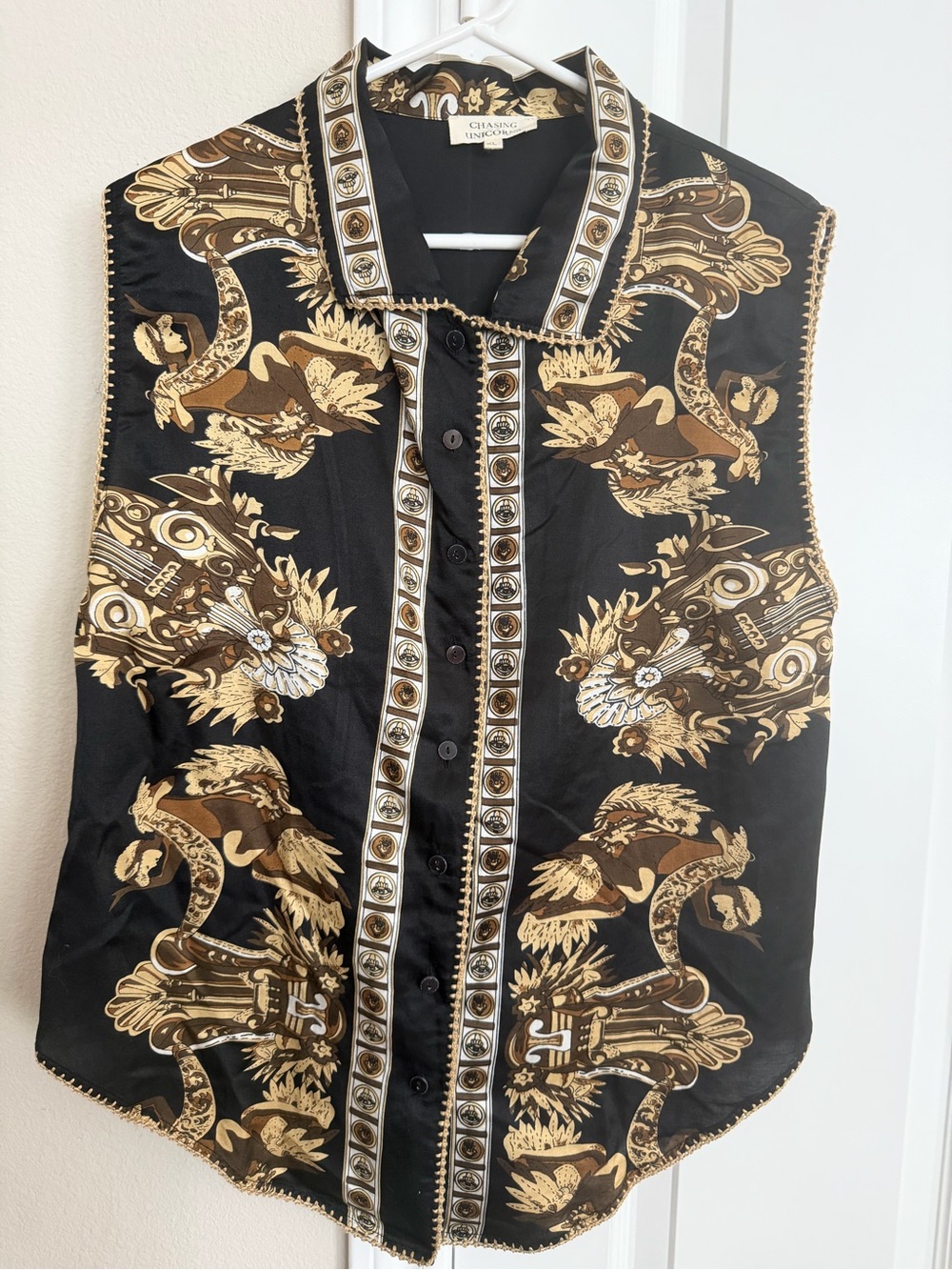 Chasing Unicorns Black and Gold Baroque Button-Up Blouse S/M - Picture 3 of 11